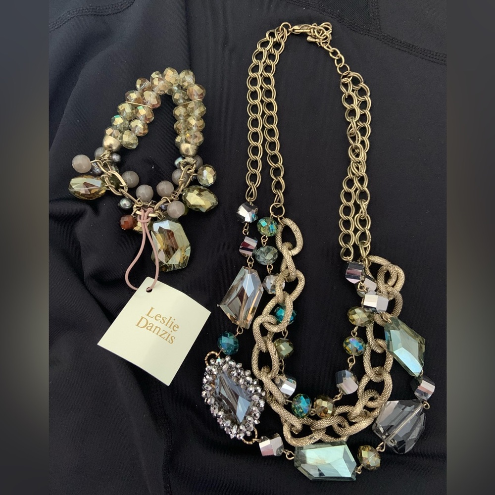 Statement Fashion Necklace And Bracelet 3 Strand Gold Chain Gems and Beads